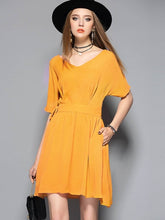 Plain Yellow Pleated Women's Day Dress